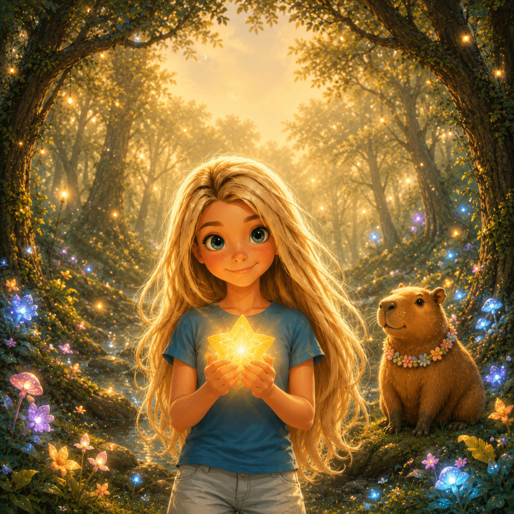 Stella and her capybara friend in an enchanted forest