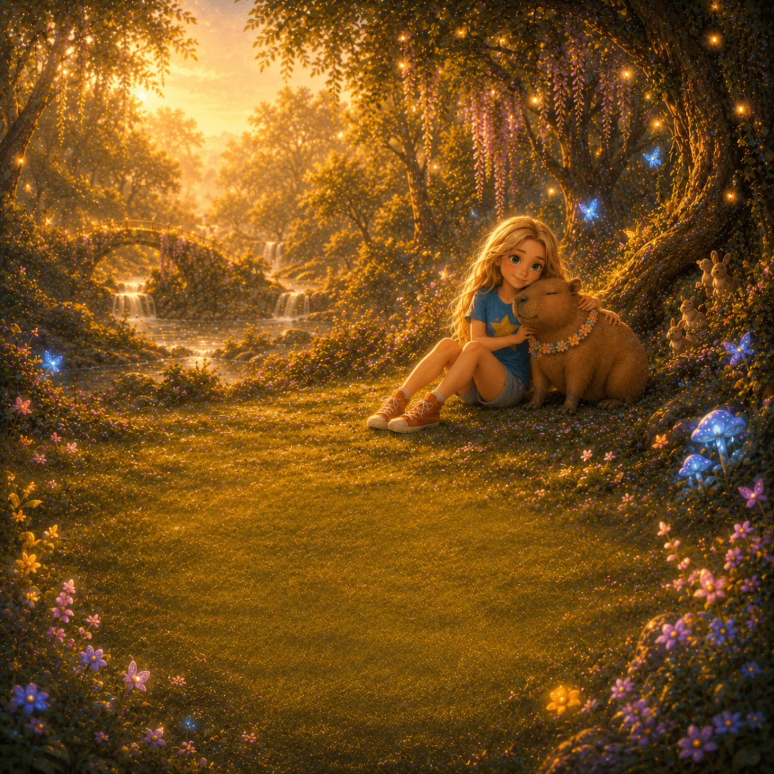 Stella resting with her capybara friend in a golden magical meadow at sunset